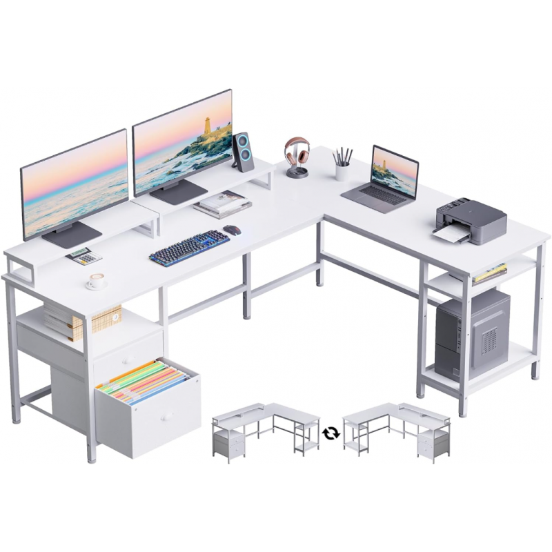 Reversible Corner Computer Desk with File Drawer & Dual Monitor Stand Reversible Corner Computer Desk with File Drawer & Dual Monitor Stand