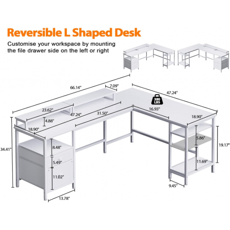 Reversible Corner Computer Desk with File Drawer & Dual Monitor Stand