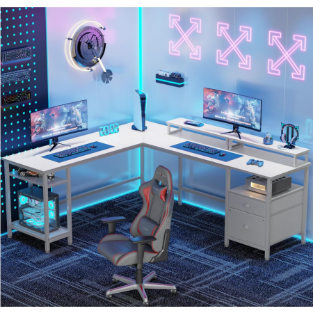 Reversible Corner Computer Desk with File Drawer & Dual Monitor Stand
