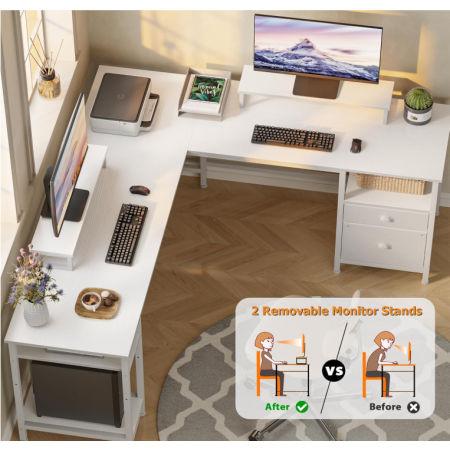 Reversible Corner Computer Desk with File Drawer & Dual Monitor Stand