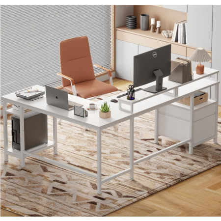 Reversible Corner Computer Desk with File Drawer & Dual Monitor Stand