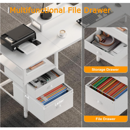 Reversible Corner Computer Desk with File Drawer & Dual Monitor Stand