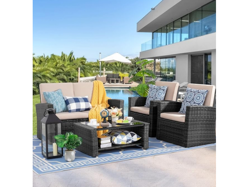 Shintenchi 4-Piece Outdoor Patio Furniture Set, Wicker Rattan Sectional Sofa Couch with Glass Coffee Table | Black