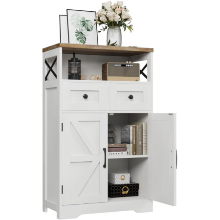 Farmhouse White Storage Cabinet with Doors and Drawers