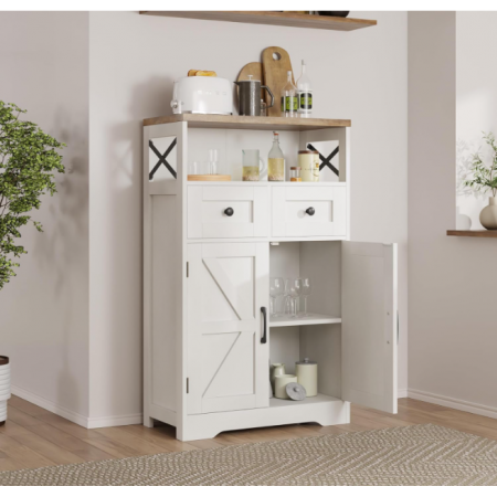 Farmhouse White Storage Cabinet with Doors and Drawers