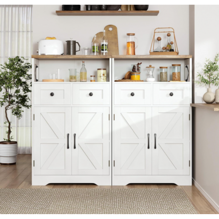 Farmhouse White Storage Cabinet with Doors and Drawers