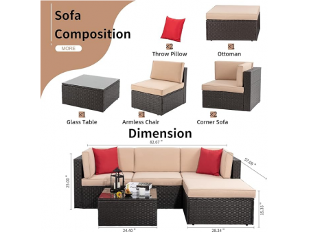 Shintenchi 5 Pieces Patio Furniture Sets Outdoor All-Weather Sectional Patio Sofa Set PE Rattan