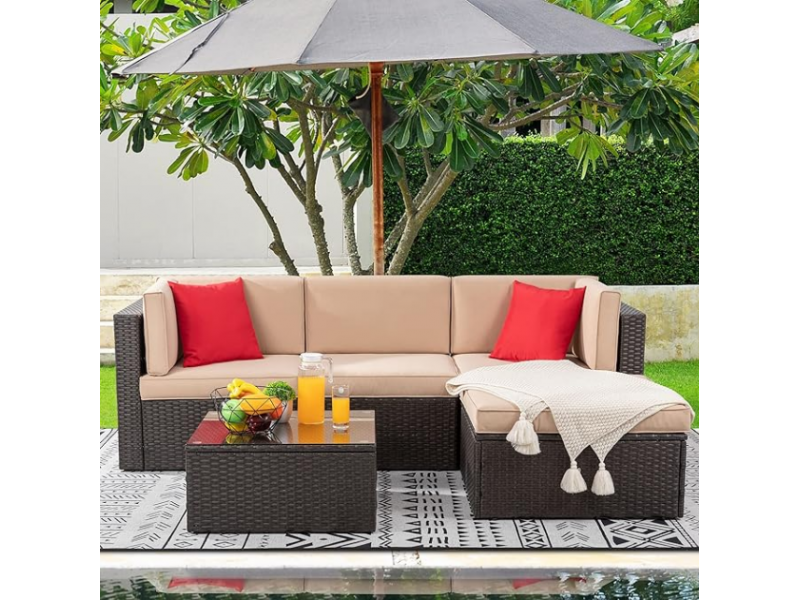 Shintenchi 5 Pieces Patio Furniture Sets Outdoor All-Weather Sectional Patio Sofa Set PE Rattan