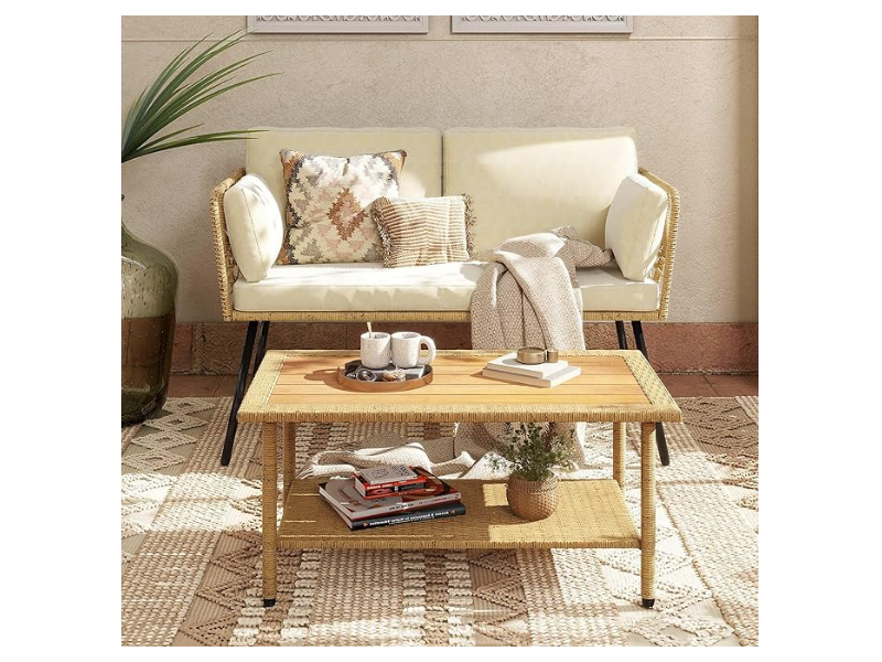 DWVO 2 Pieces Patio Furniture Set, All-Weather Wicker Rattan Loveseat with Thick Cushions & Table