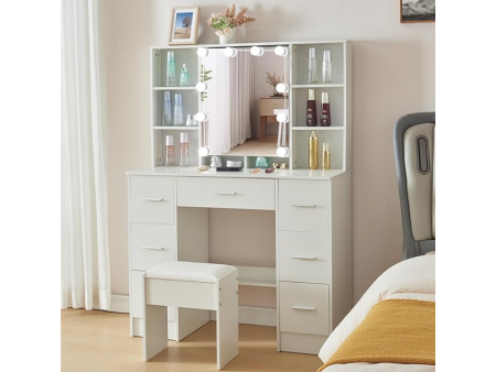 Vanity Desk with Mirror and Lights, Bedroom Makeup Desk and Chair Vanity Set with Stool