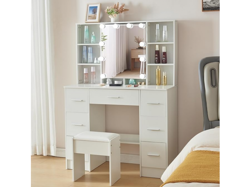 Vanity Desk with Mirror and Lights, Bedroom Makeup Desk and Chair Vanity Set with Stool