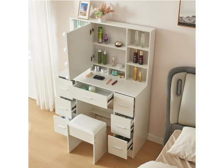 Vanity Desk with Mirror and Lights, Bedroom Makeup Desk and Chair Vanity Set with Stool