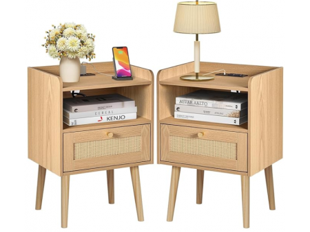 Night stand Set of 2, Bedside Tables with Charging Station, Rattan End Tables