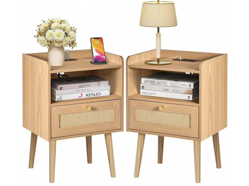 Night stand Set of 2, Bedside Tables with Charging Station, Rattan End Tables
