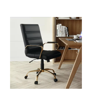 Mid-Back Faux Leather Swivel Office Chair in Black/Gold Frame