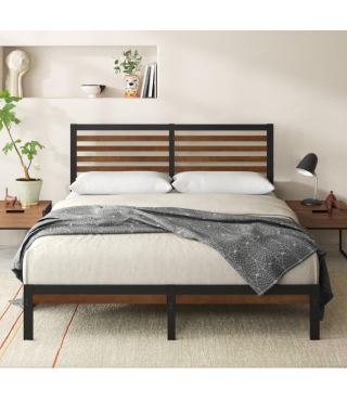 Bamboo and Metal Platform Bed Frame with Headboard