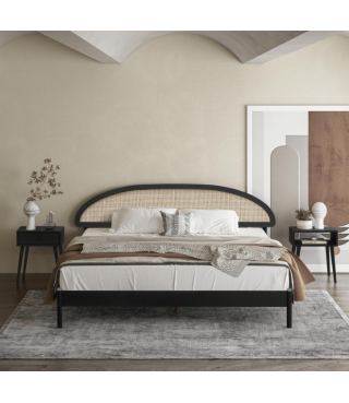 Wooden Bed Frame with Headboard and Natural Rattan