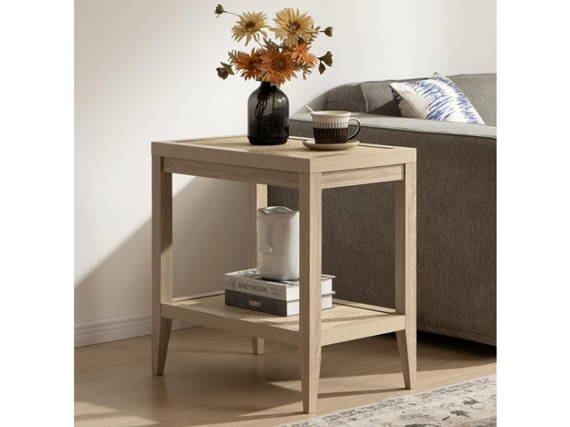 SICOTAS Rattan Nightstand Bedside Table - Farmhouse Boho Narrow Accent End Table with 2 Open Rattan Shelves for Bedroom