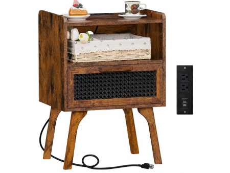 Lerliuo Rattan Nightstand with Charging Station, Side Table with Drawer Open Shelf