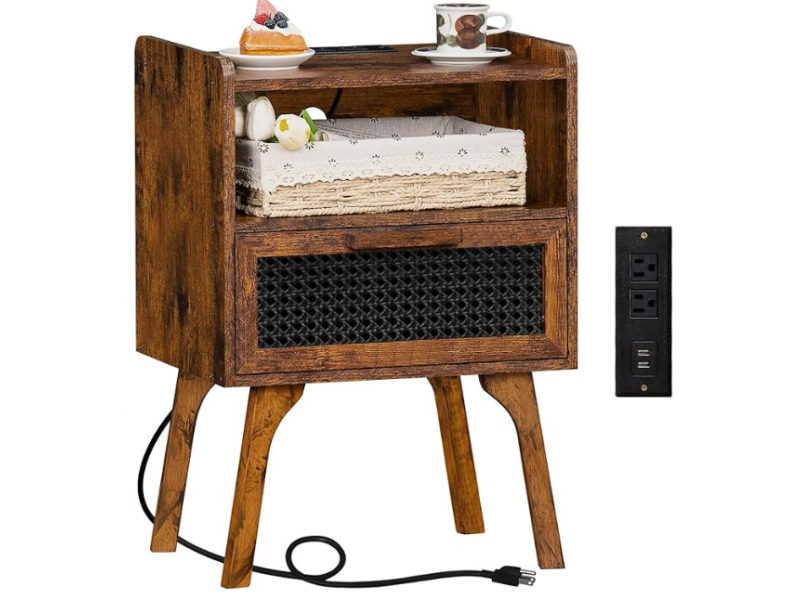 Lerliuo Rattan Nightstand with Charging Station, Side Table with Drawer Open Shelf