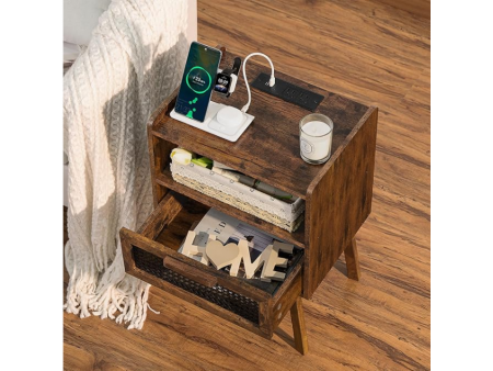 Lerliuo Rattan Nightstand with Charging Station, Side Table with Drawer Open Shelf