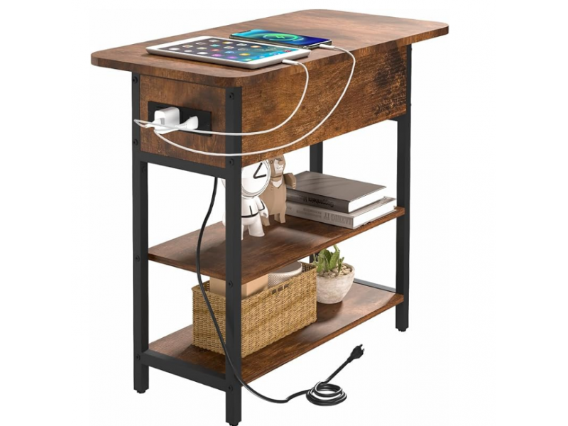 Sofa Couch Table Bedside Table for Living Room Bedroom, Narrow Nightstand with Storage Shelves for Small Space